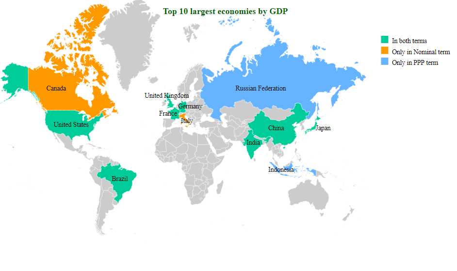 top ten largest economies map